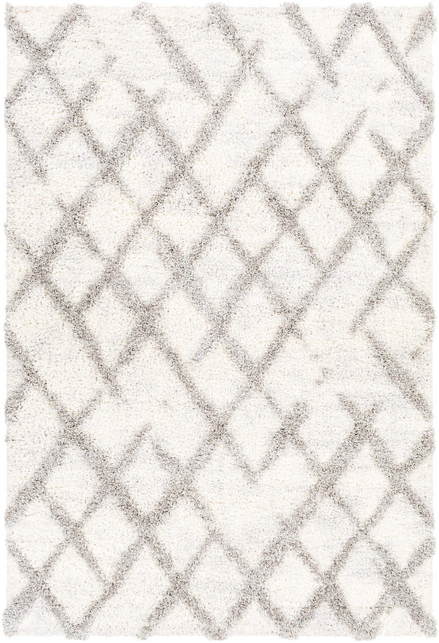 Close-up of the plush Putat Area Rug with a gray diamond trellis pattern on a white background. Design-Rectangle-537