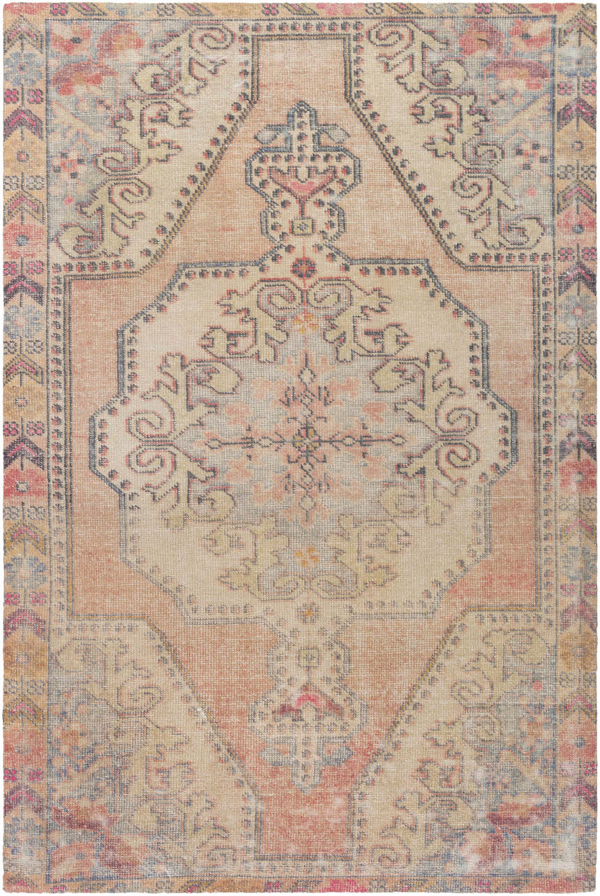 Close-up of the hand-tufted Queenscliff Rug. Bohemian style rug in peach, beige, and red with a traditional Persian-inspired design. Design-Rectangle-576