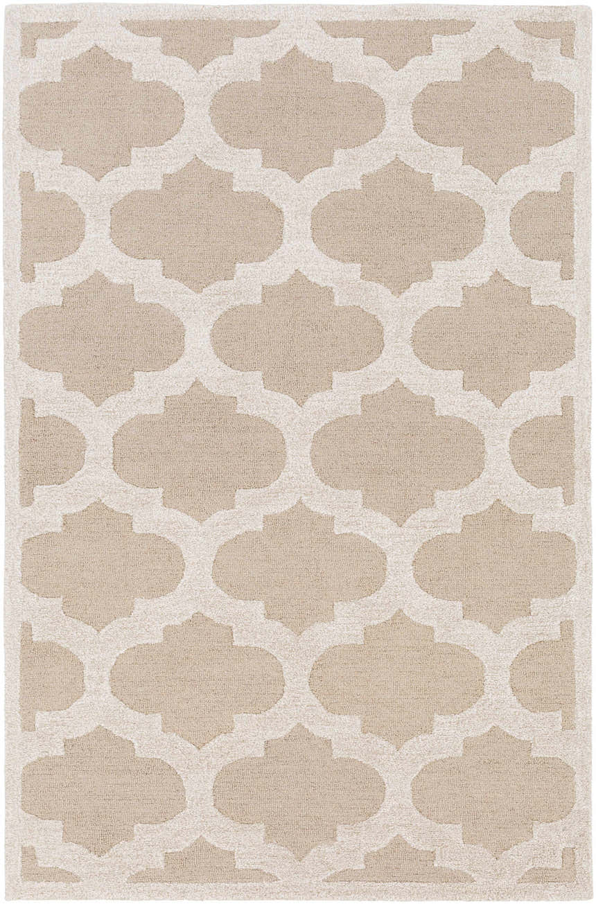 Hand tufted Quicksand Area Rug with a neutral quatrefoil pattern in beige and ivory. Wool rug. Design-Rectangle-576