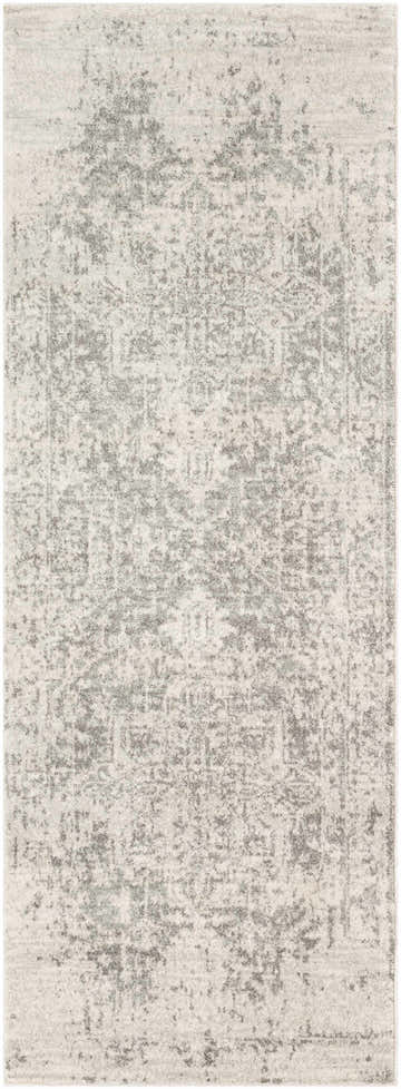 Close-up of the Rachel Area Rug, showcasing its traditional gray, charcoal, and off-white vintage-inspired pattern. Design-Runner-2773