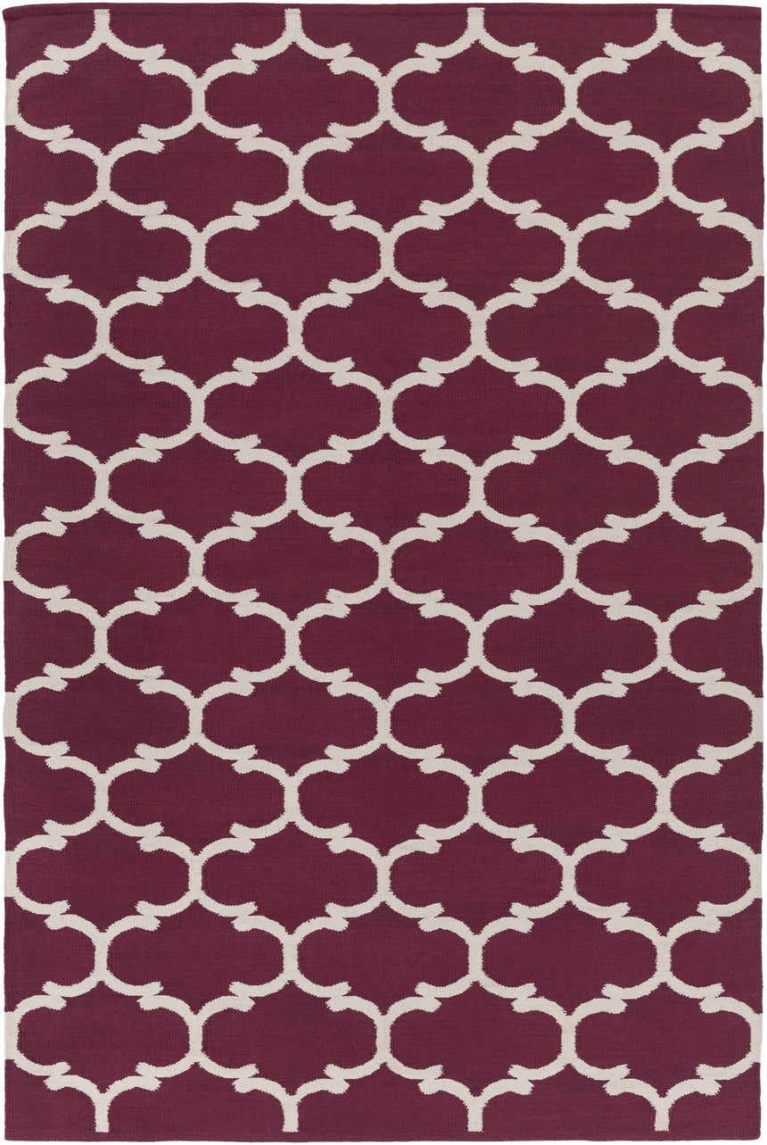 Racine Area Carpet, dark purple and ivory. Hand woven cotton rug with a contemporary quatrefoil pattern. Design-Rectangle-576