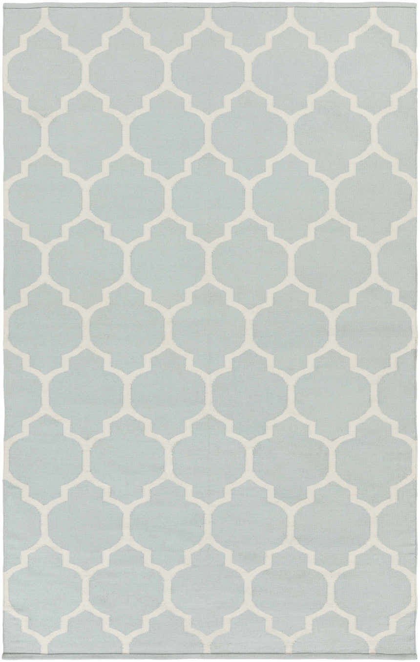 Close-up of Ragan Ice Blue Trellis Cotton Rug. Hand-woven rug with a cream trellis pattern on an ice blue background. Design-Rectangle-58