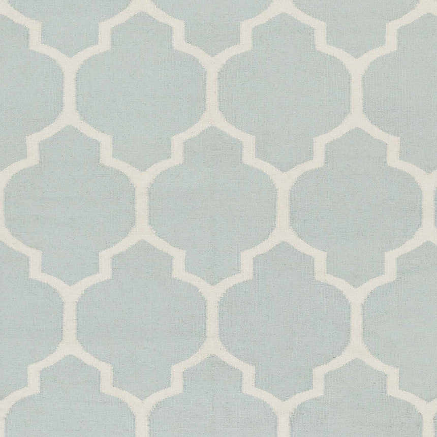 Close-up of Ragan Ice Blue Trellis Cotton Rug, featuring a cream trellis pattern on a soft ice blue background. Hand woven texture. Swatch
