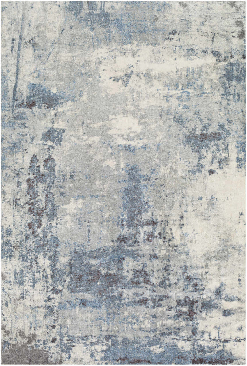 Close-up of the Ramsbottom Area Rug. Contemporary style with black, blue, charcoal, and cream abstract pattern. Design-Rectangle-576