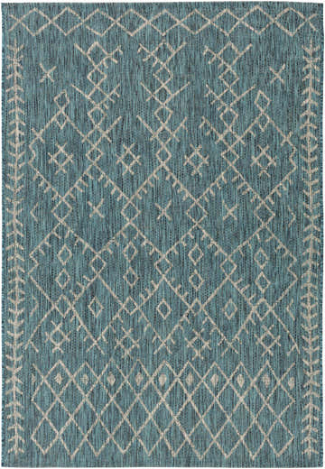 Close-up of the Maunawili Aqua Nordic Rug featuring a geometric diamond pattern in aqua, black, taupe, and white. Design-Rectangle-5376