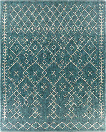 Close-up of the Maunawili Aqua Nordic Rug. Features a geometric diamond pattern in white against an aqua background. Design-Rectangle-710103