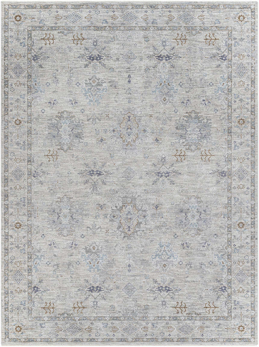 Detailed Rochedale Area Rug in cream, lavender, olive, and pale blue. Traditional floral and geometric pattern. Design-Rectangle-71010