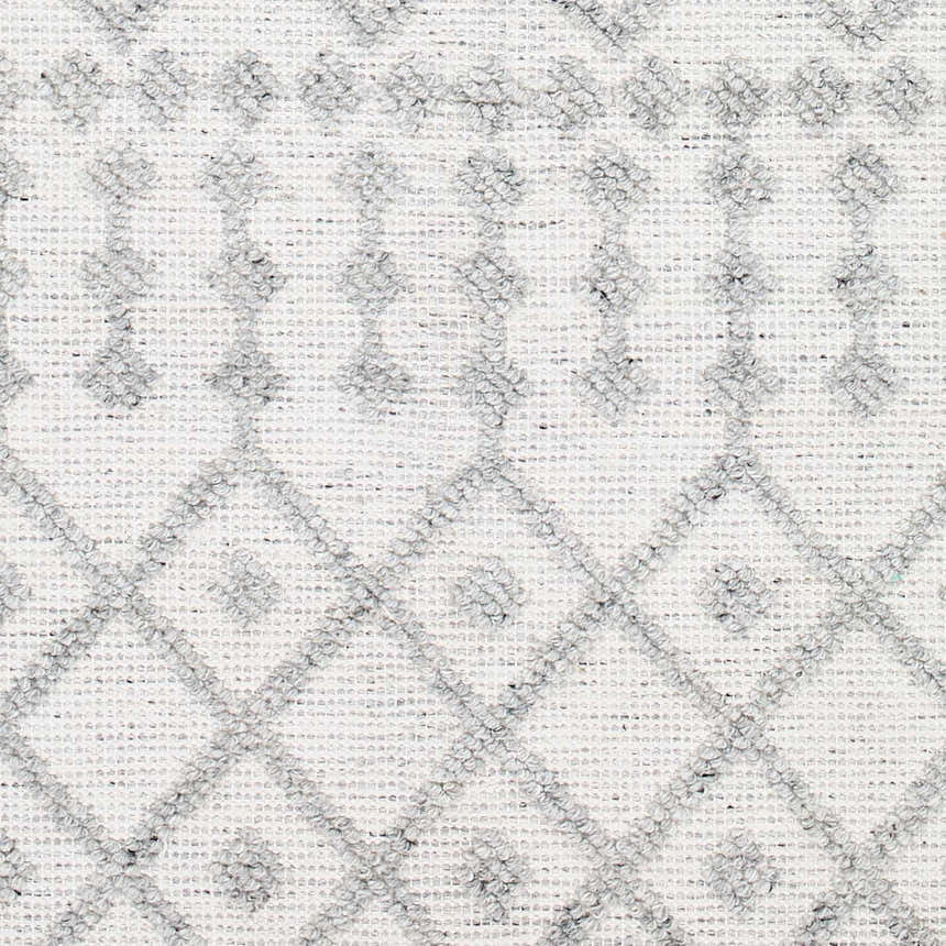 Close-up of the Rick Area Rug showing its gray diamond trellis pattern on an arctic stone background. Hand woven texture. Swatch