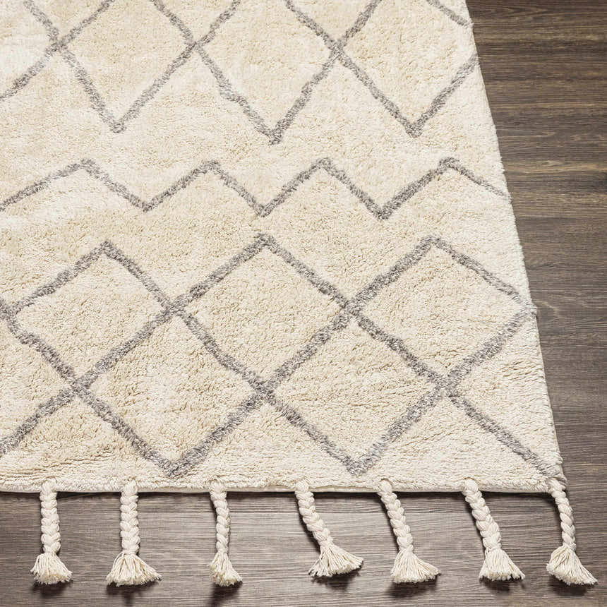 Close-up of the Redlands Area Rug, a cream cotton rug with a gray diamond pattern and knotted tassels. Front