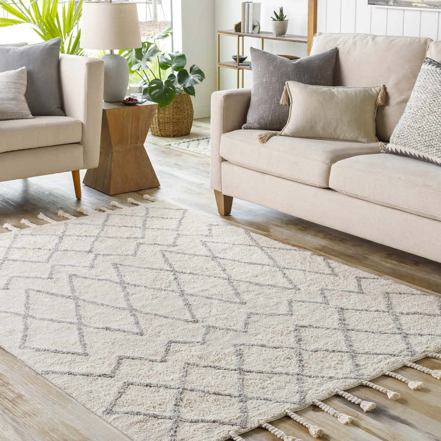 Living room scene with a cream sofa and the cream and gray geometric Redlands Area Rug. Roomscene-Rectangle