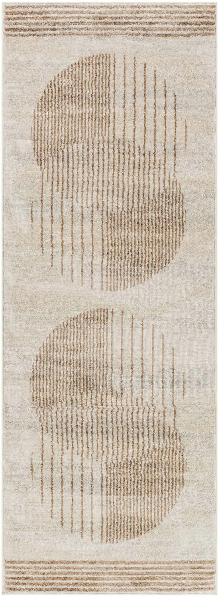 Close-up of the Zeke Geometric Nutmeg Rug, featuring a linear circle pattern in nutmeg brown on a lambswool background. Design-Runner-2773