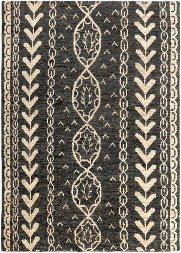 Close-up of Redondo Premium Hand Knotted Jute Carpet. Beige geometric pattern on black background. Bohemian style rug texture. Design-Rectangle-811
