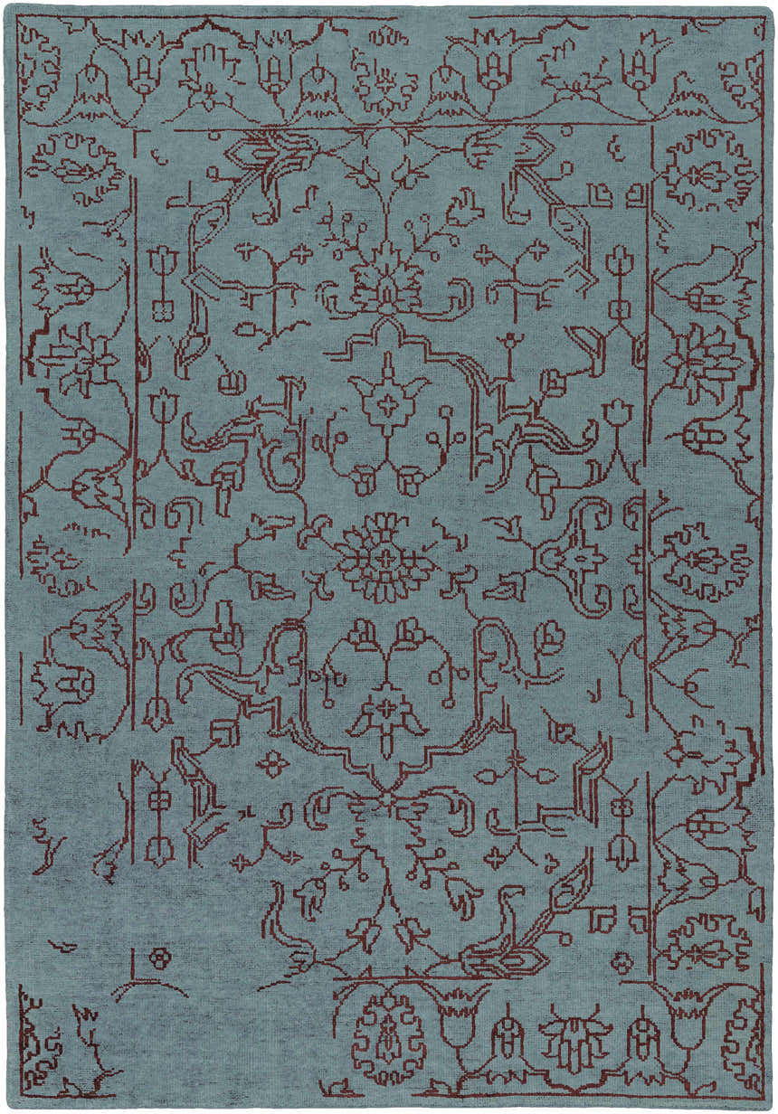 Close-up of the Redvale Area Rug. Teal background with a detailed burgundy, hand-knotted, floral pattern. Design-Rectangle-811