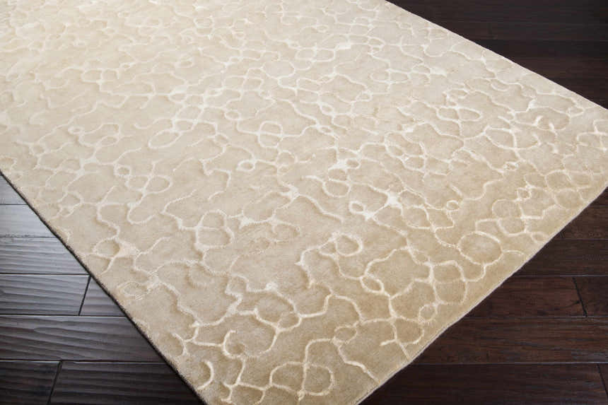 Close-up of a beige Renault Area Carpet showing its contemporary, hand-knotted design and subtle geometric pattern. Corner