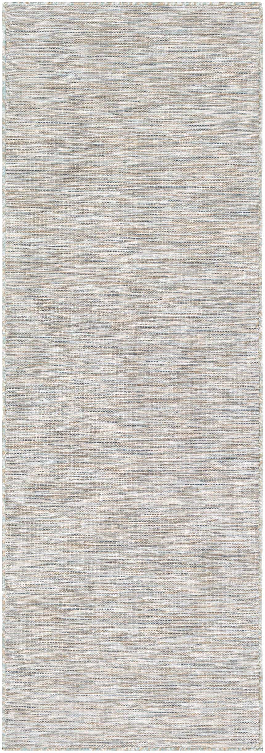 Close-up of Revillo Area Rug. Machine woven, light sage, gray, tan, and teal threads create a textured, neutral pattern. Design-Runner-2773
