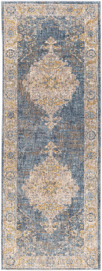 Close-up of the Rhoose Traditional Area Rug featuring charcoal, beige, gray, mustard, olive, blue, and teal hues. Design-Runner-2773