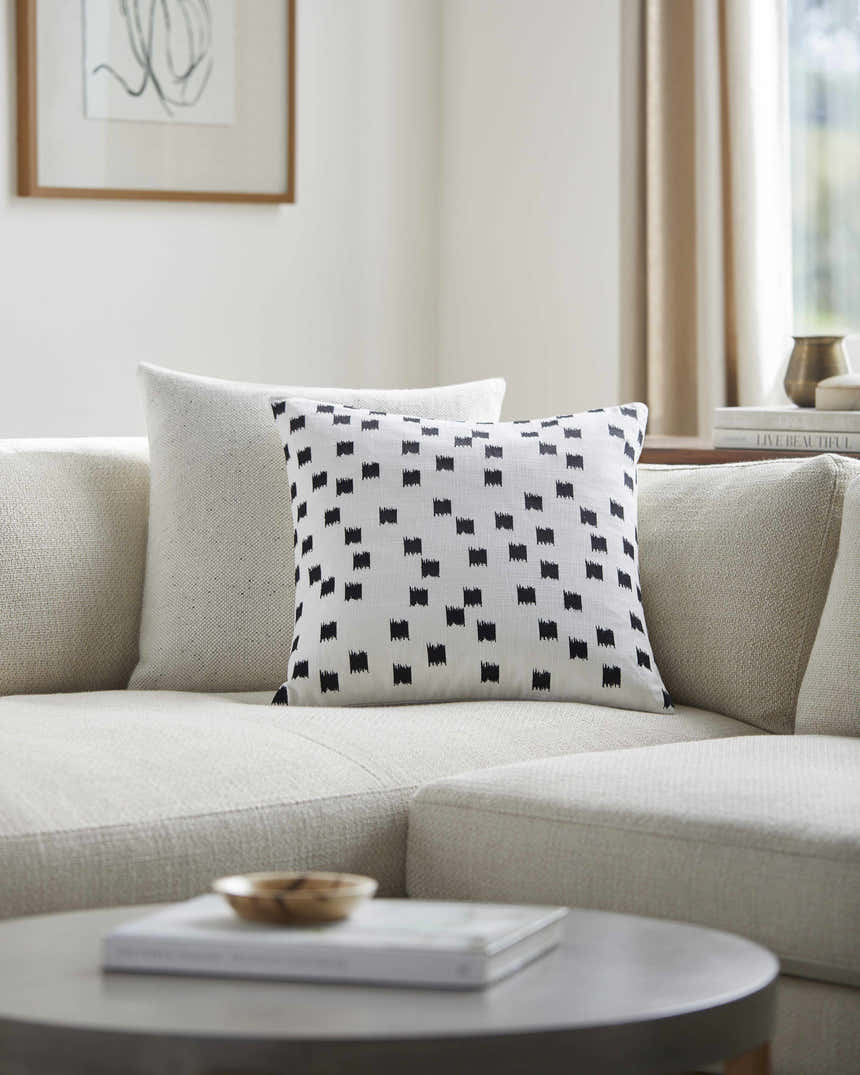 Brivon Off White and Black Brushstroke Speckle Pattern Modern Cotton Accent Pillow