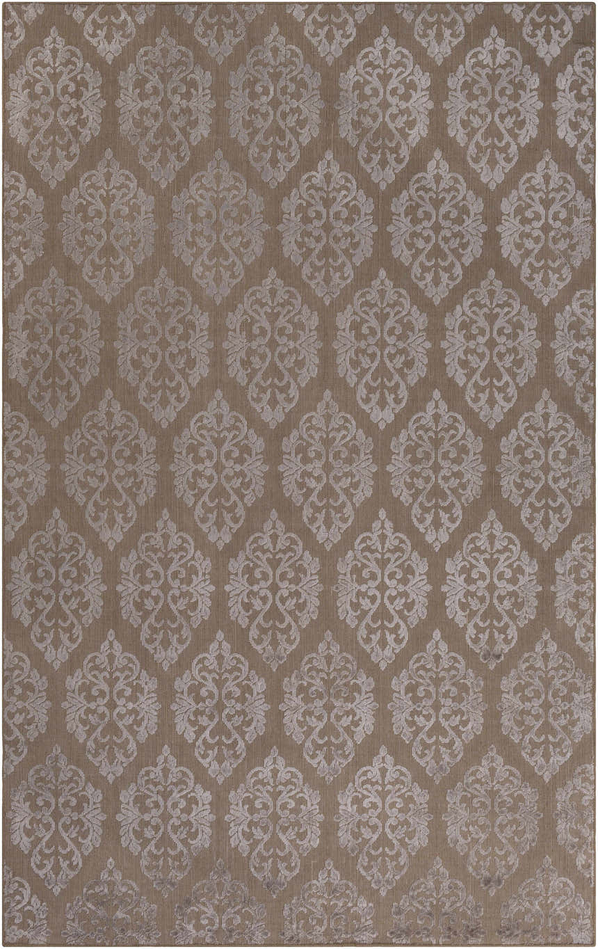 Close-up of the tan Riddle Carpet featuring a medium gray, hand-loomed damask pattern. Contemporary style. Design-Rectangle