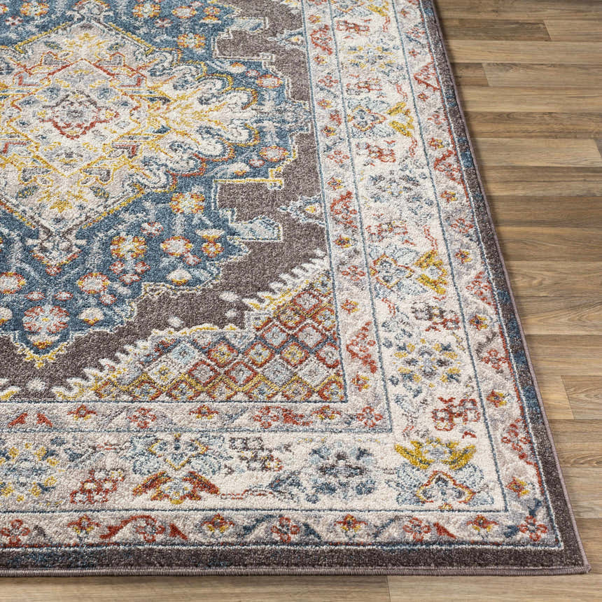 Close-up of the Haymond Brown Medallion Area Rug showing its brick red, blue, and mustard bohemian pattern. Front