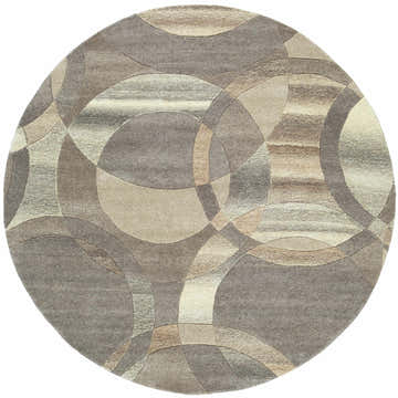 Round Rillton Modern Wool Rug with a geometric pattern in shades of beige, brown, charcoal, and taupe. Design-Round-6