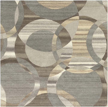 Close-up of the Rillton Modern Wool Rug. Geometric pattern with circles in shades of beige, brown, charcoal, and taupe. Hand-tufted texture. Design-Square-8