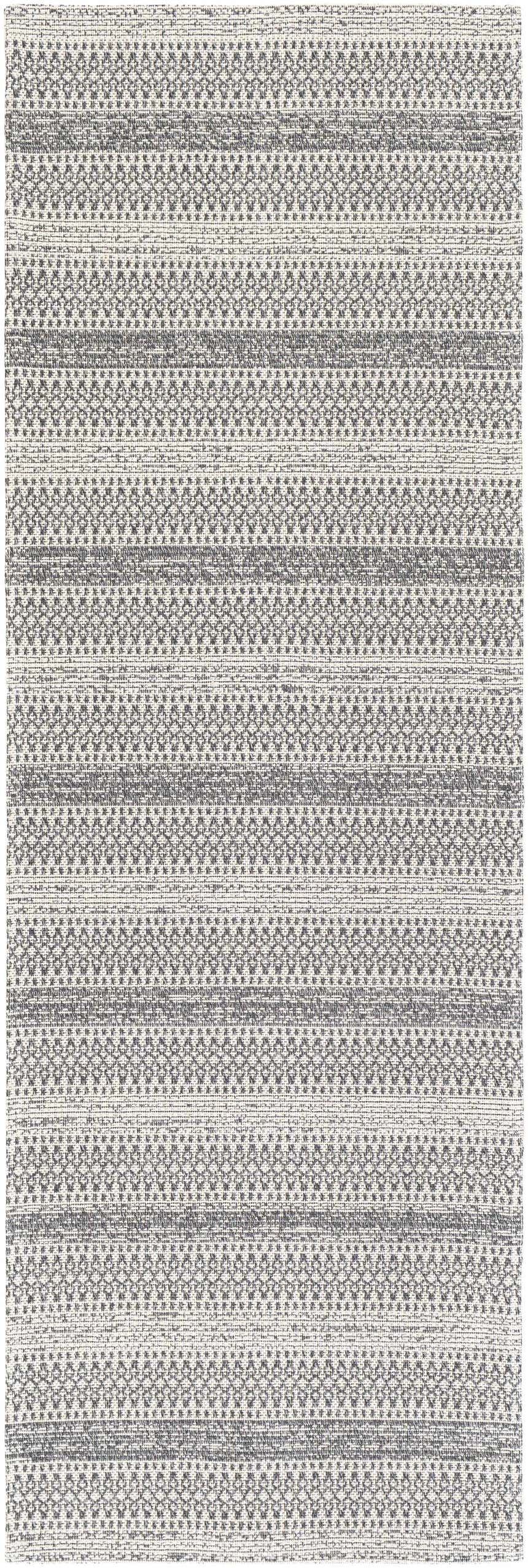 Close-up of Ringtown Washable Area Rug. Bohemian style rug in charcoal, ivory, and light slate with horizontal pattern. Design-Runner-2773