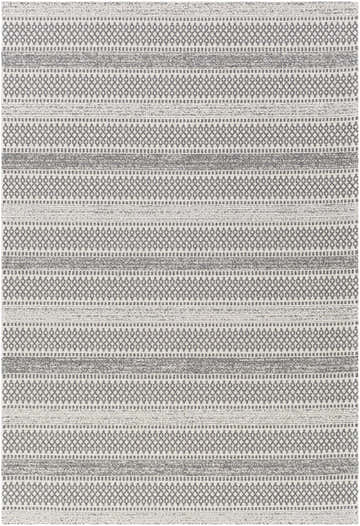 Close-up of Ringtown Washable Area Rug. Charcoal and ivory cotton rug with a bohemian diamond and stripe pattern. Design-Rectangle-5373