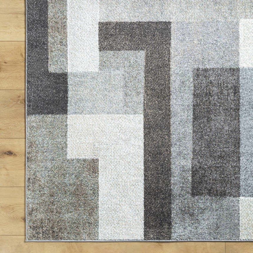 Close-up of the Raisa Area Rug showing a contemporary geometric pattern in cream, gray, and black on a wood floor. Corner