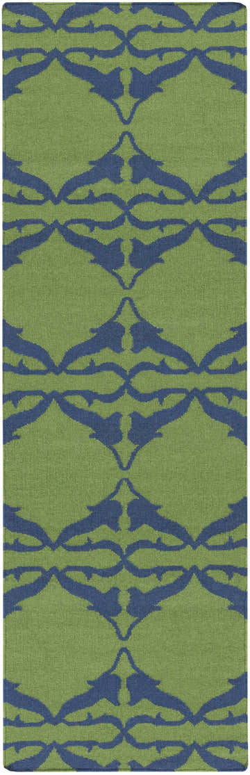 Close-up of the Rodney Area Rug, a hand-woven wool runner rug with a grass green and navy geometric pattern. Design-Runner-268