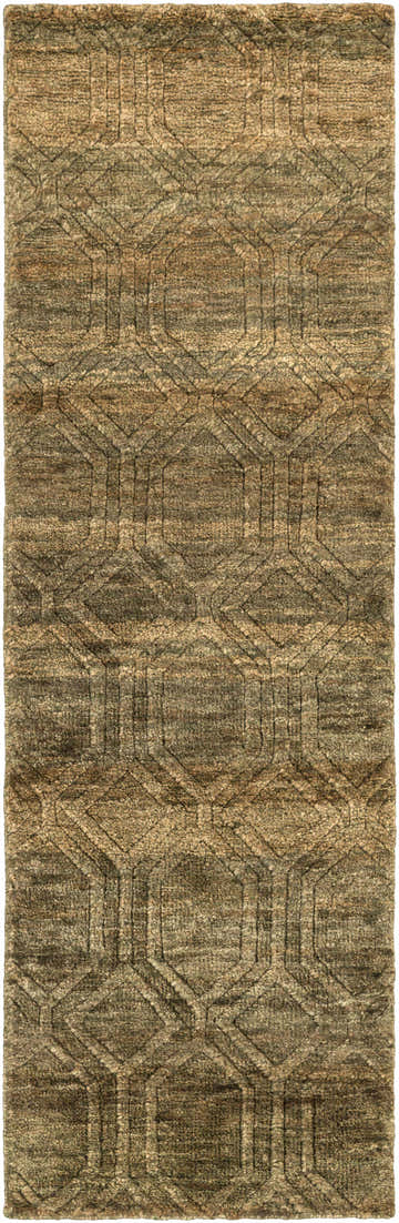 Close-up of the hand-knotted Roseau Jute Carpet, featuring a geometric pattern in brown, olive, and light beige hues. Design-Runner-268