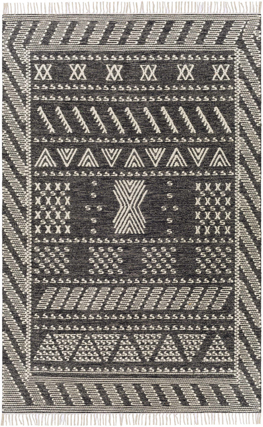 Black and white hand woven Rossville Area Rug with geometric tribal pattern. Design-Rectangle-69