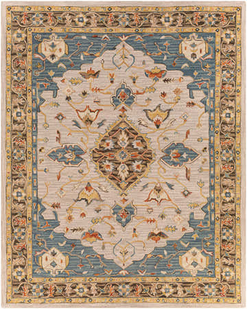Detailed Rozel Area Rug close-up. Hand-tufted wool rug in brown, teal, beige, and orange with an oriental-inspired pattern. Design-Rectangle-810