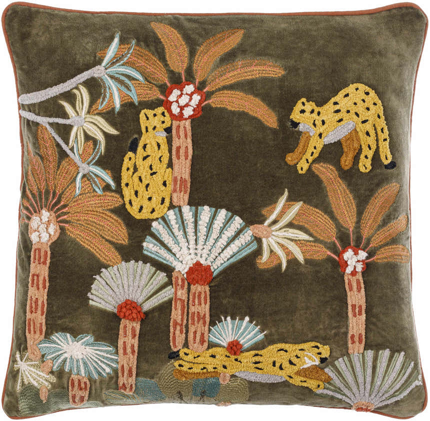 Verdan Dark Green Modern Botanical Floral Cotton Accent Pillow - Clearance