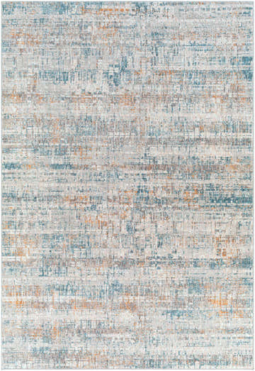 Close-up of Runa Area Rug with a contemporary design in blue, brown, gray, and mustard hues. Abstract pattern and machine-woven texture. Design-Rectangle-573
