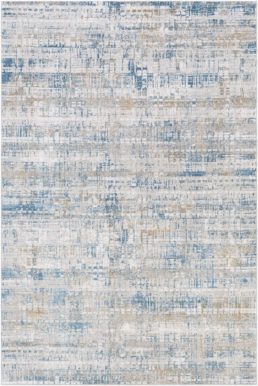 Close-up of the Runa Area Rug showing its contemporary blue, brown, and off-white abstract design. Design-Rectangle-6796