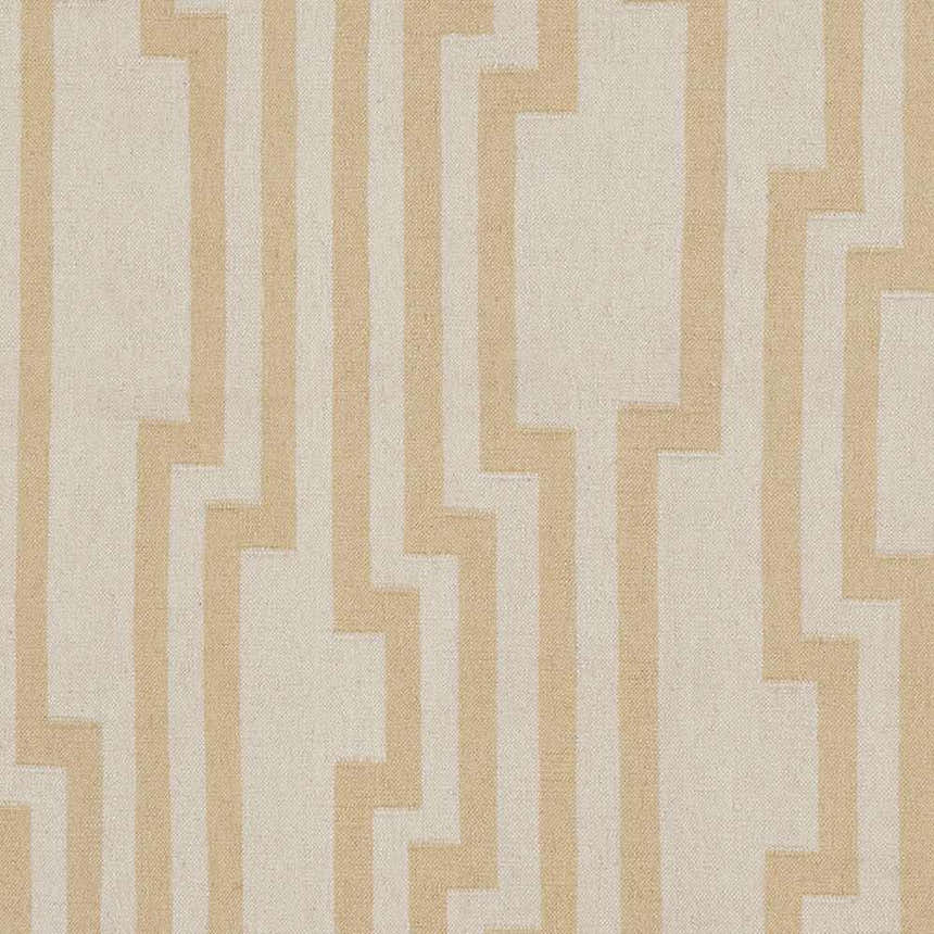 Close-up of the Rushden Area Carpet: oatmeal and tan geometric design, hand-woven wool texture. Contemporary style. Swatch