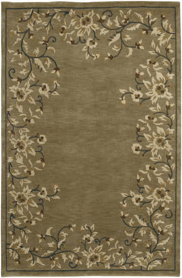 Close-up of the Rutherglen Area Rug, a hand-knotted wool rug with a beige field and floral border in brown, tan, and charcoal. Design-Rectangle-58