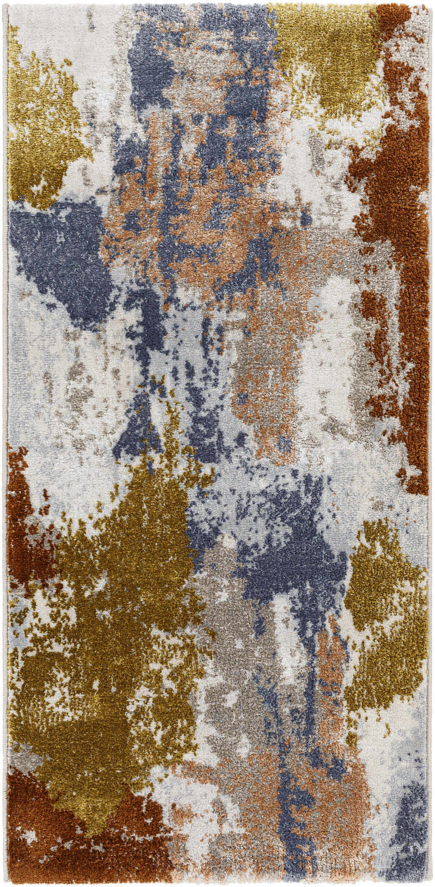 Close-up of the Rivers Area Rug, showcasing its brick red, dark blue, mustard, and gray abstract design. Design-Runner