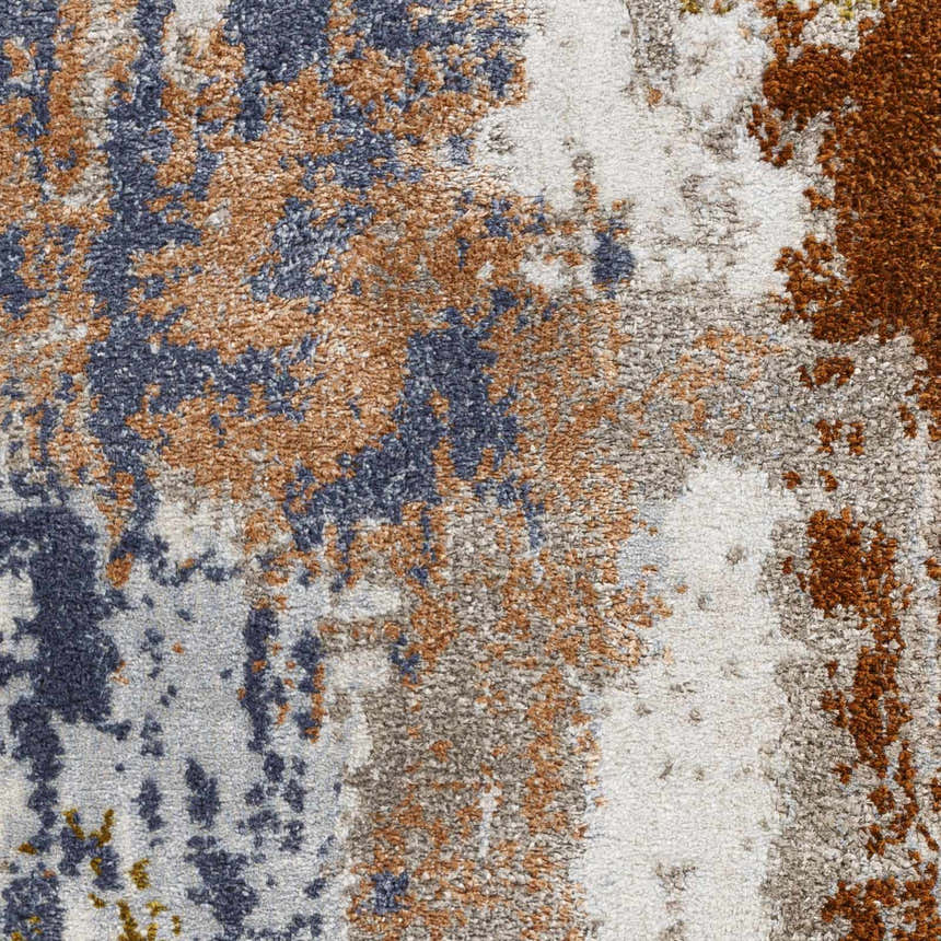 Close up of the Rivers Area Rug, featuring brick red, dark blue, and light gray abstract patterns. Swatch