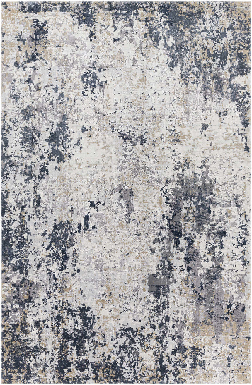 Close-up of Ryhill Textured Luxe Area Rug with charcoal, dark blue, beige, gray and tan abstract pattern. Design-Rectangle-6796