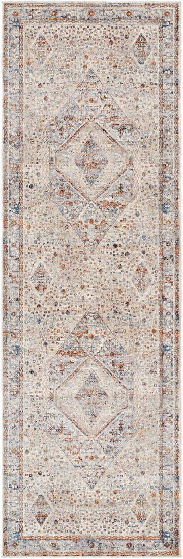 Close-up of the Roy Boutique Area Rug, a beige runner with blue, burnt orange, and charcoal traditional oriental pattern. Design-Runner-3310