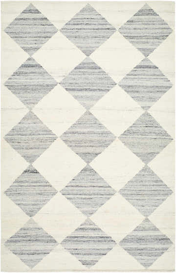 Close-up of the Rakin Pearl Area Rug. Features a diamond pattern in ivory and light silver. Hand woven wool and cotton texture. Design-Rectangle-576