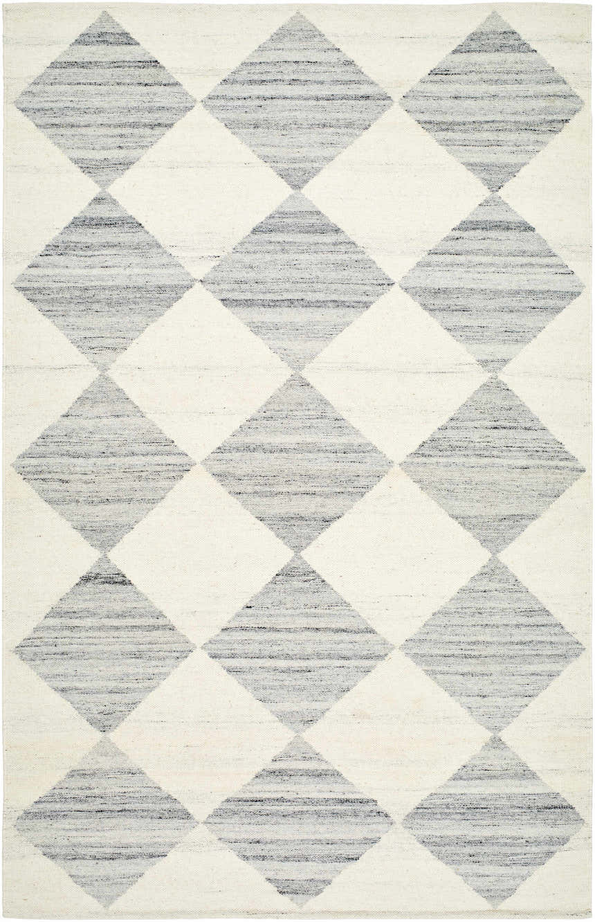 Close-up of the Rakin Pearl Area Rug. Features a diamond pattern in ivory and light silver. Hand woven wool and cotton texture. Design-Rectangle-576