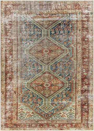 Close-up of the Rio Washable Area Rug. Traditional diamond pattern in red, blue, and beige tones. Machine woven texture. Design-Rectangle-5373