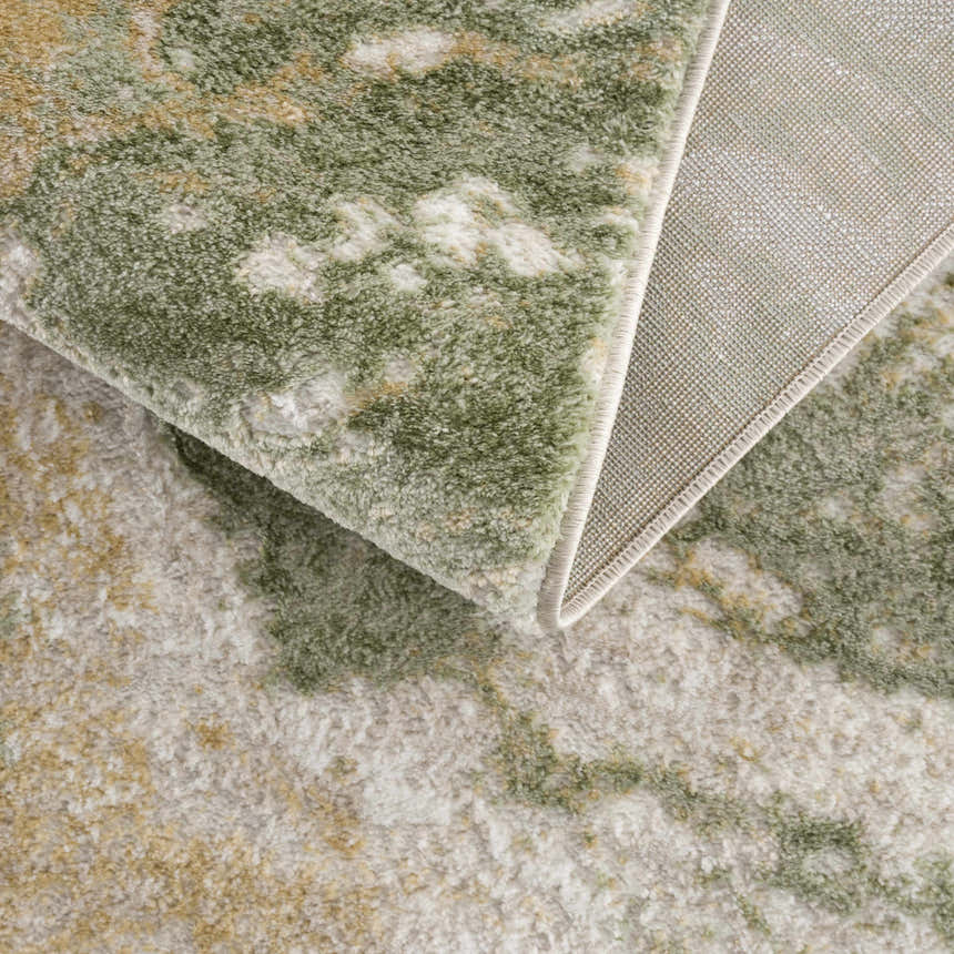 Close-up of the Lively Marble Green Area Rug showing its cream, green, and beige abstract pattern and woven texture. Fold