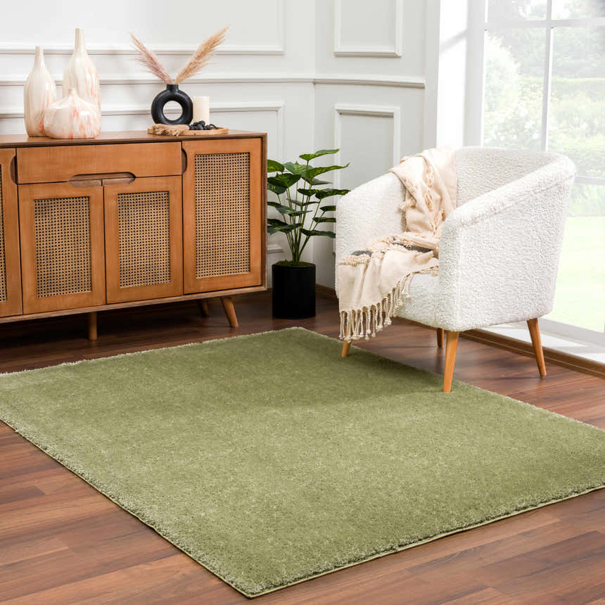 Living room scene with a Heavenly Solid Green Plush Rug, wood cabinet, and white armchair. Roomscene-Rectangle