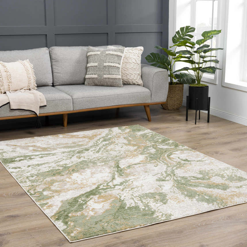 Living room scene with a gray sofa and Lively Marble Green Area Rug on wood floor. Roomscene-Rectangle