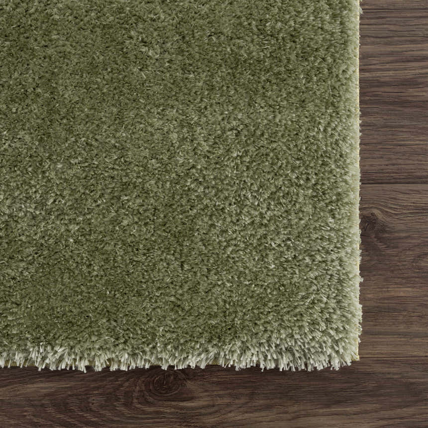 Close-up of the Heavenly Solid Green Plush Rug showing its soft, shaggy texture and rich green color on a wood floor. Swatch
