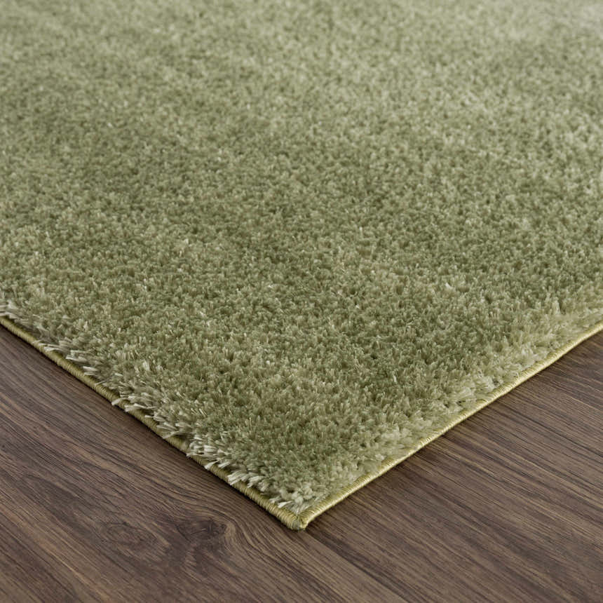 Close-up of the Heavenly Solid Green Plush Rug showing its soft texture and color on a dark wood floor. Corner
