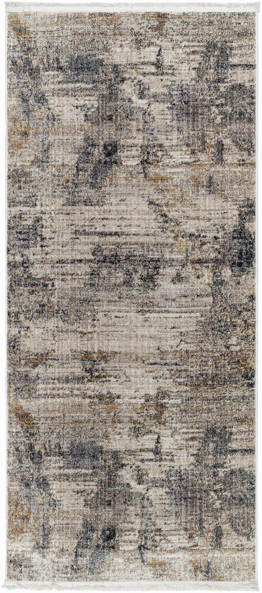 Close-up of the Asuna Area Rug, a contemporary rug in beige, brown, and gray with a distressed, abstract pattern. Design-Runner-279